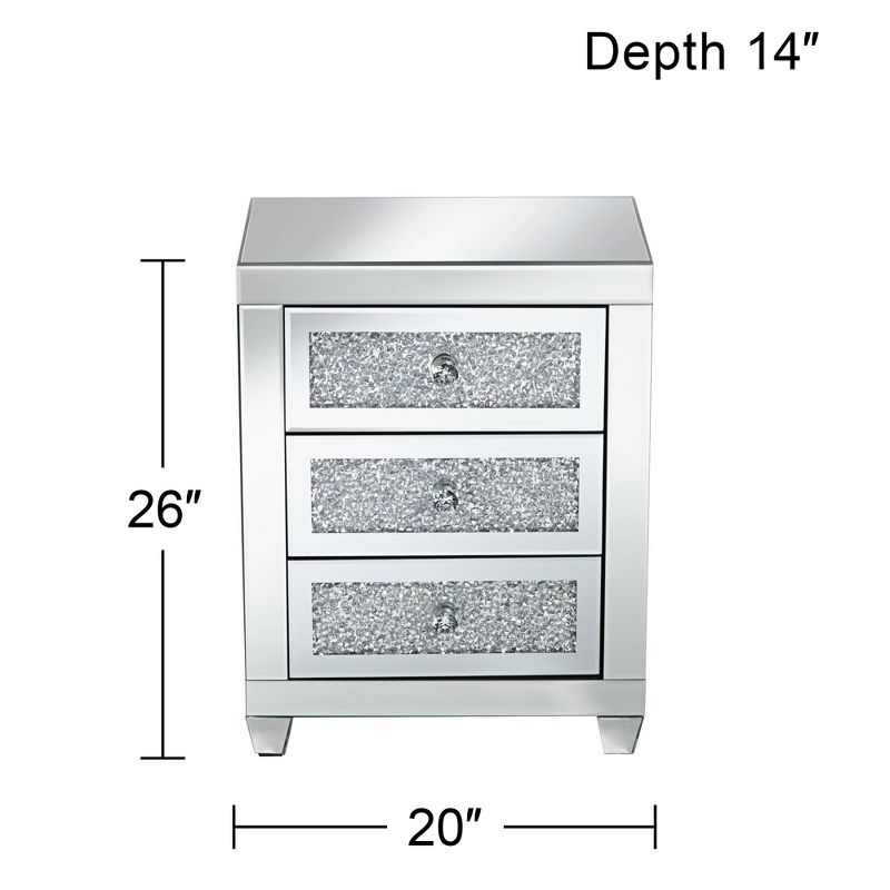 Studio 55D Gia Modern Mirrored Rectangular Accent Side End Table 20" x 14" with 3-Drawer Silver Glass Crystal for Living Room Bedroom Bedside Entryway