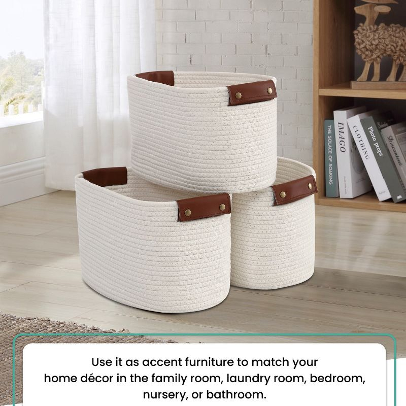 Ornavo Home 3 Pack Cotton Rope Shelf Storage Basket with Faux Leather Handles - Multi Brown
