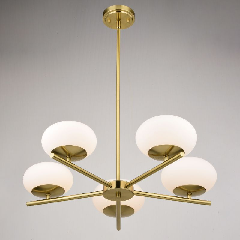 VAXCEL Sloane 5 Light LED Gold Satin Brass Mid-Century Modern Chandelier with White Glass Globes