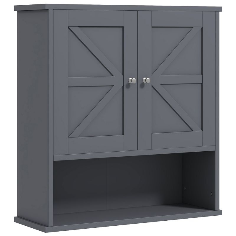 kleankin Bathroom Wall Cabinet, Farmhouse Medicine Cabinet with Open Shelf & Adjustable Shelf, Storage Cupboard for Laundry Room, Gray