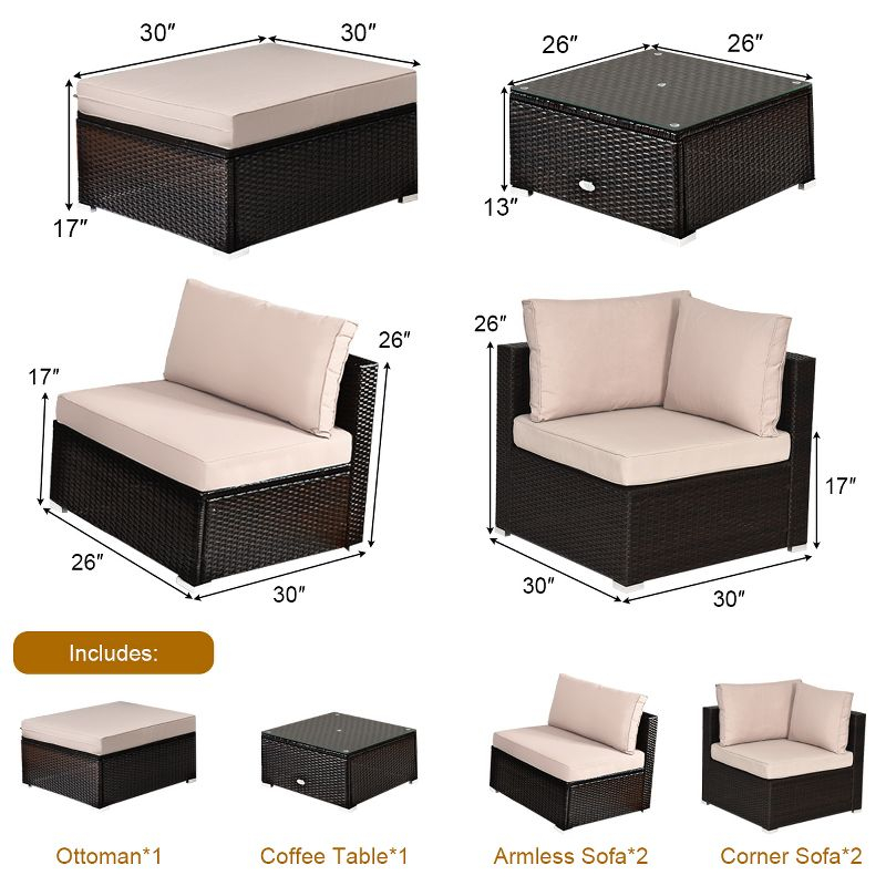 Tangkula 6PCS Patio Rattan Furniture Set Outdoor Sectional Sofa Set w/Coffee Table & Ottoman Brown