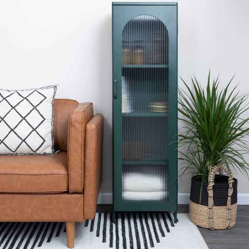 Storied Home Tall Metal Accent Cabinet: Arched Glass, 4 Shelves, Dark Green, 57" H