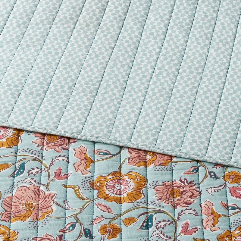 Full/Queen Earthy Vines Quilt Light Teal Blue/Mustard Yellow/Light Pink Floral - Threshold™: Cotton Voile, Machine Washable, OEKO-TEX Certified