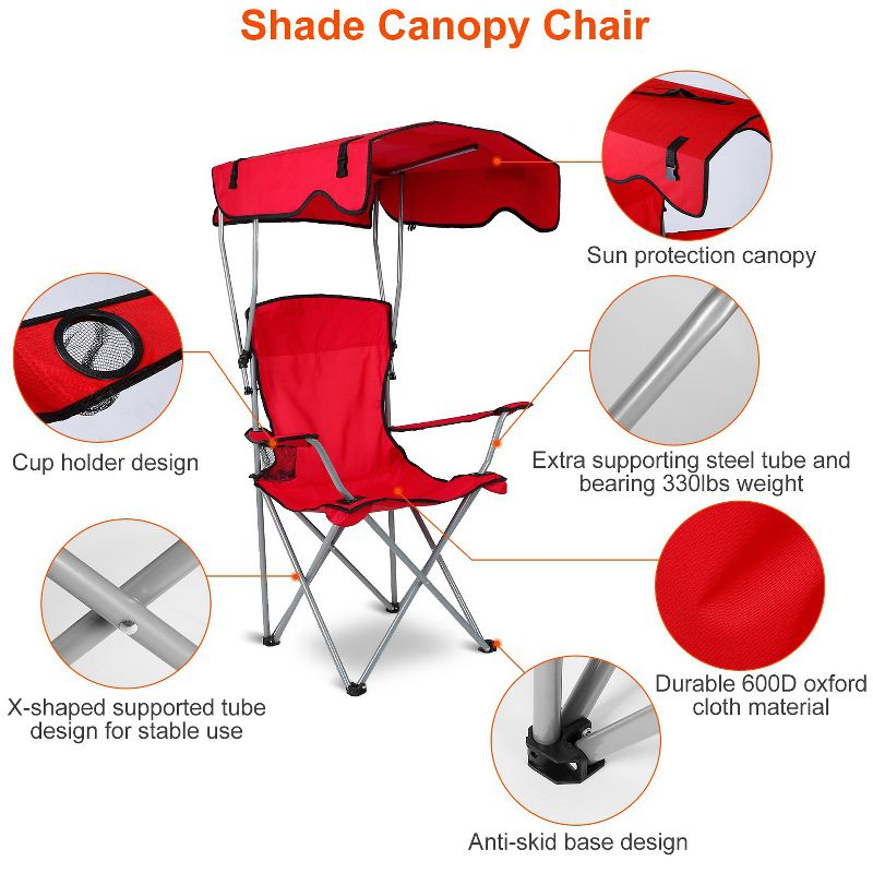 LakeForest"Foldable Beach Canopy Chair with Sun Protection, Cup Holder, and 330lbs Capacity for Outdoor Activities"Red