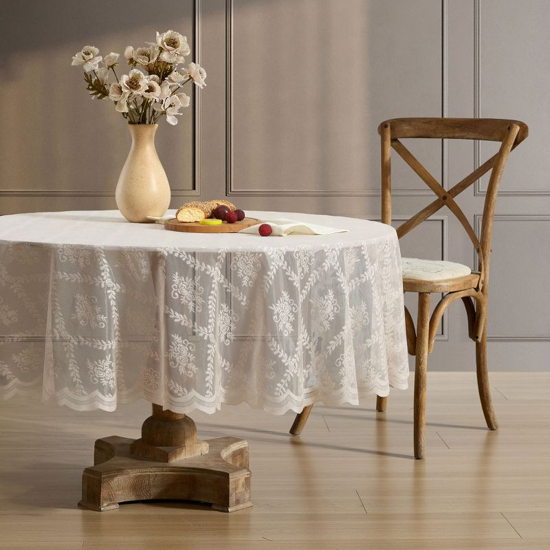 HLC.ME Isabella Floral Patterned Scalloped Tablecloth, Wrinkle Resistant, Lace Fabric Table Cloth for Round Tables - Linen, 70 Round