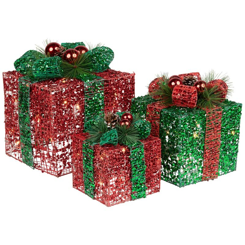 Northlight Seasonal Set of 3 Lighted Red and Green Tinsel Gift Boxes with Bows Christmas Outdoor Decorations 10"