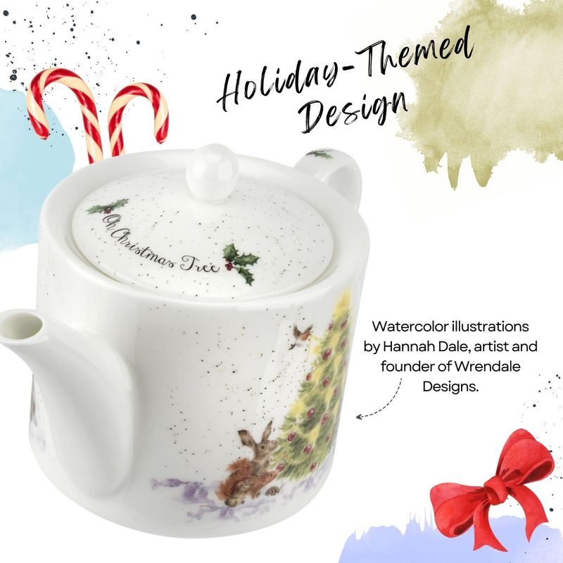 Spode Royal Worcester Oh Christmas Tree 16 Oz Teapot - Fine Bone China Tea Pot - Hand-Painted Woodland Critters, Dishwasher & Microwave Safe
