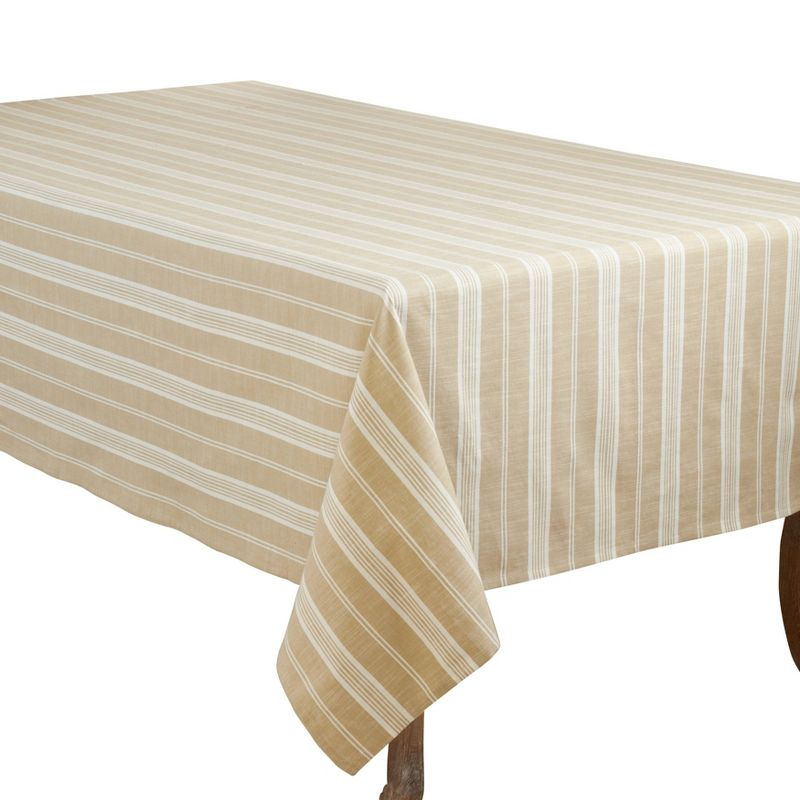 104" x 65" Cotton Striped Tablecloth Beige - Saro Lifestyle: Rectangle Dinner Table Cloth, Machine Washable