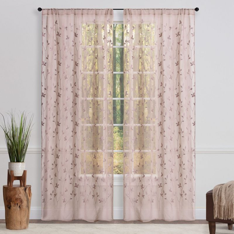 Chanasya 2pk Embroidered Vine Sheer Window Curtain Panels - Set of 2 - 52 x 96 Inches Long - Rose Dust