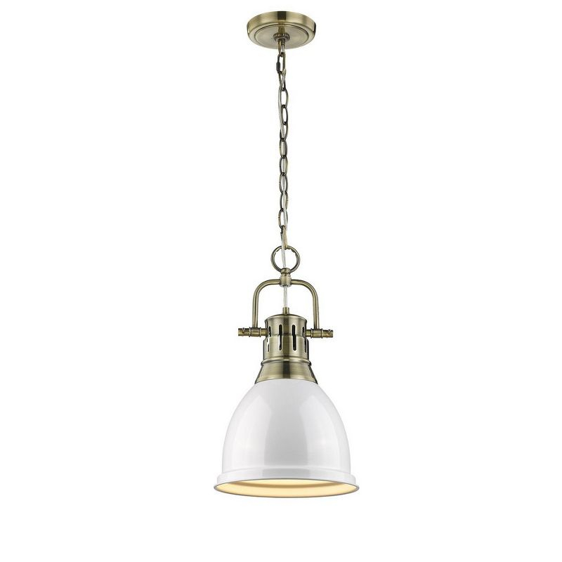 Golden Lighting Duncan 1-Light Small Pendant with Chain in Aged Brass with White