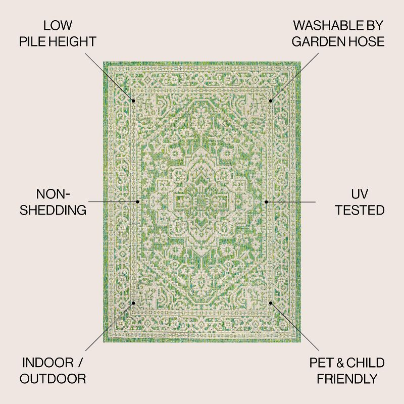 5' x 5' Sinjuri Medallion Textured Weave Indoor/Outdoor Area Rug, Cream/Green - JONATHAN Y