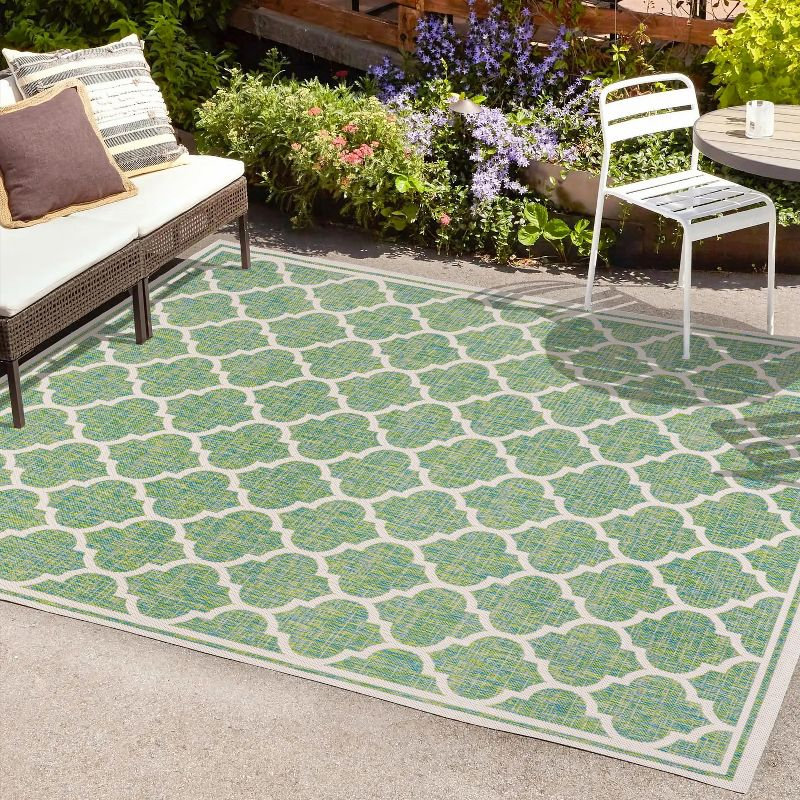3' x 5' Trebol Moroccan Trellis Textured Weave Indoor/Outdoor Area Rug, Cream/Green - JONATHAN Y