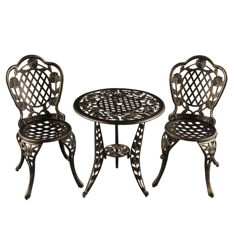 3pc Rose Ornate Traditional Patio Bistro Set - Bronze - Oakland Living: Weather-Resistant Aluminum Furniture