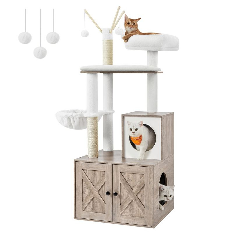 Feandrea WoodyWonders Cat Tree with Litter Box Enclosure, 2-in-1 Modern Tower, Furniture Hidden, Cat Condo with Scratching Posts Greige
