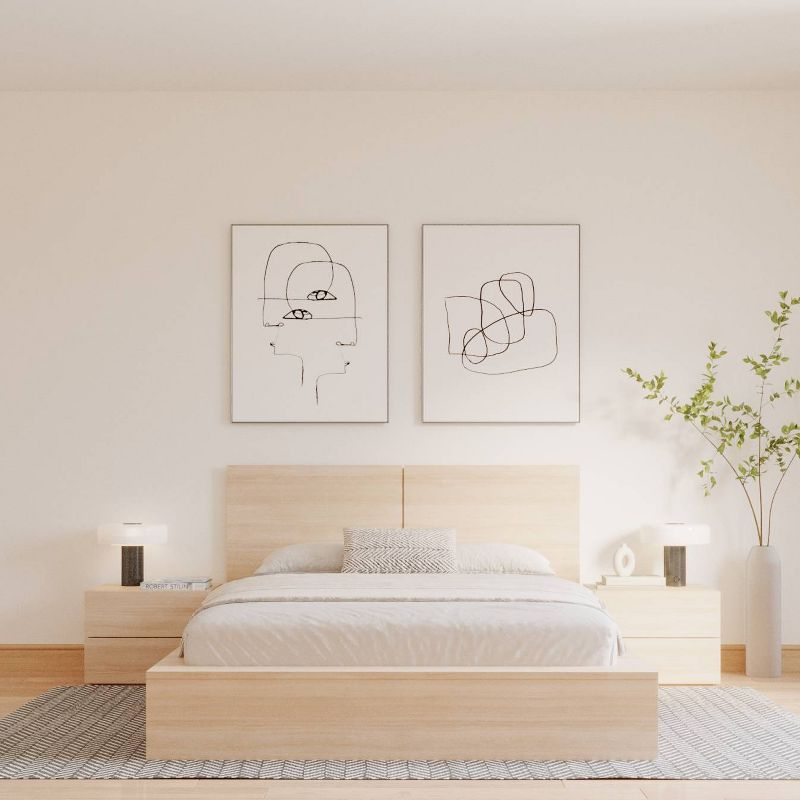 Nexera Queen 4pc James Bedroom Set Natural Blonde: Modern Minimalist Design with Platform Bed & Nightstands