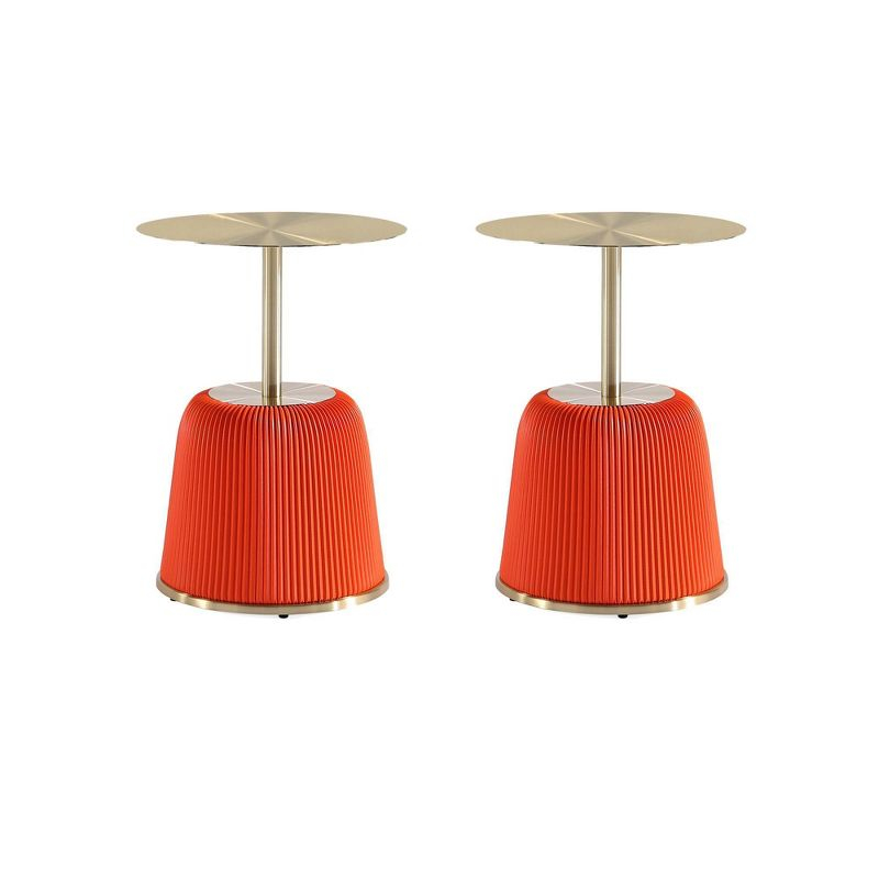 Manhattan Comfort Set of 2 Anderson Leatherette Upholstered End Tables with Gold Tabletop Orange: Round, No Assembly, Stainless Steel Frame