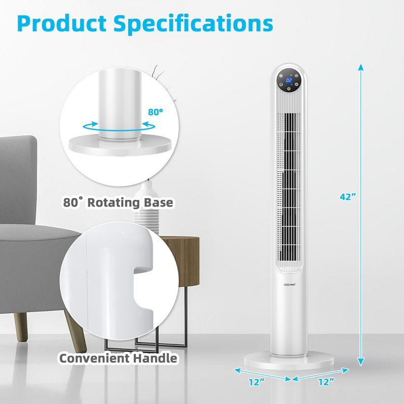 Costway 42'' Tower Fan Smart Display Panel 12H Timer 80 Degree Oscillating Fan w/Remote White