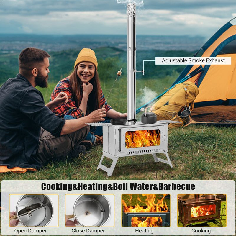 Portable Tent Stove, Hot Tent Stove with View Glass, 5 Chimney Pipes & 3 Shelfs, Wood Burning Stove for Camping, Outdoor Heating and Cooking
