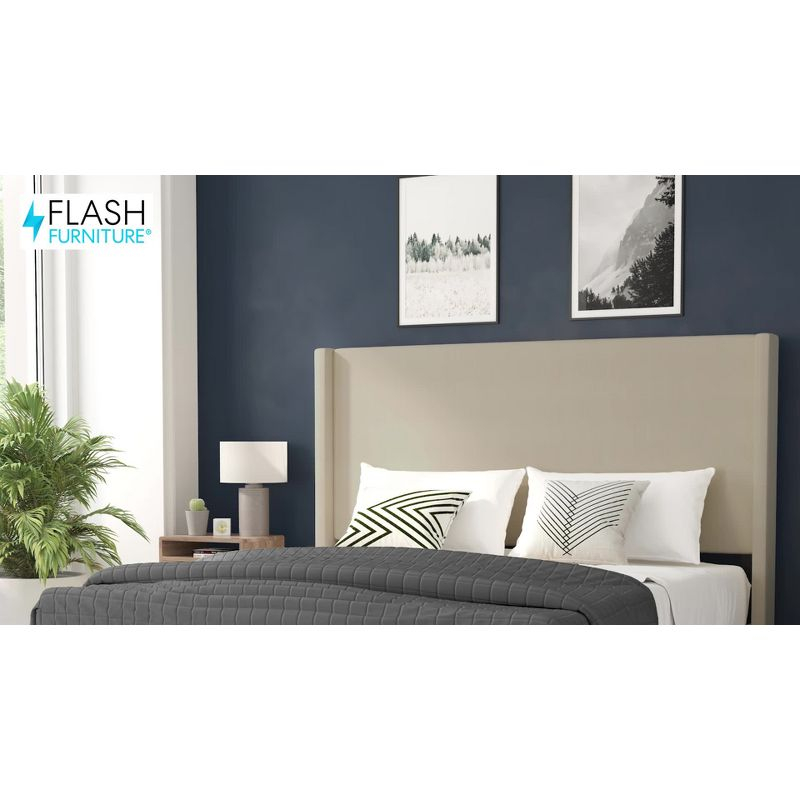 Flash Furniture Quinn Queen Upholstered Platform Bed with Channel Stitched Wingback Headboard, No Box Spring Needed, Beige