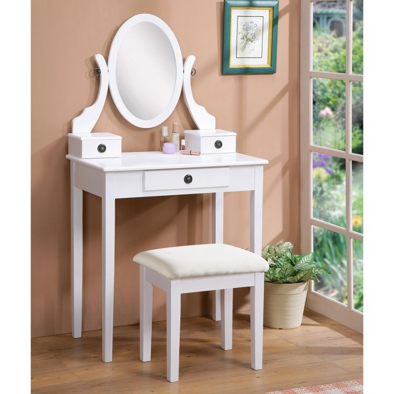 Roundhill Furniture Moniya Wood Vanity Table and Stool Set, White