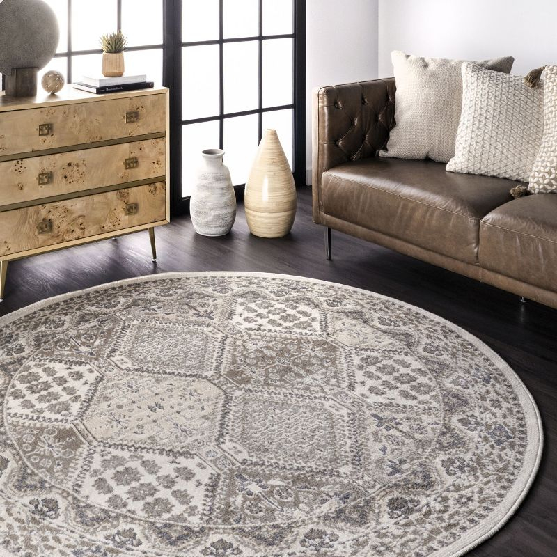 Nuloom 6 Round Becca  Tiled Indoor Area Rug, Beige, Faded Transitional Design, Stain Resistant, BedroomLiving Room, Kitchen,