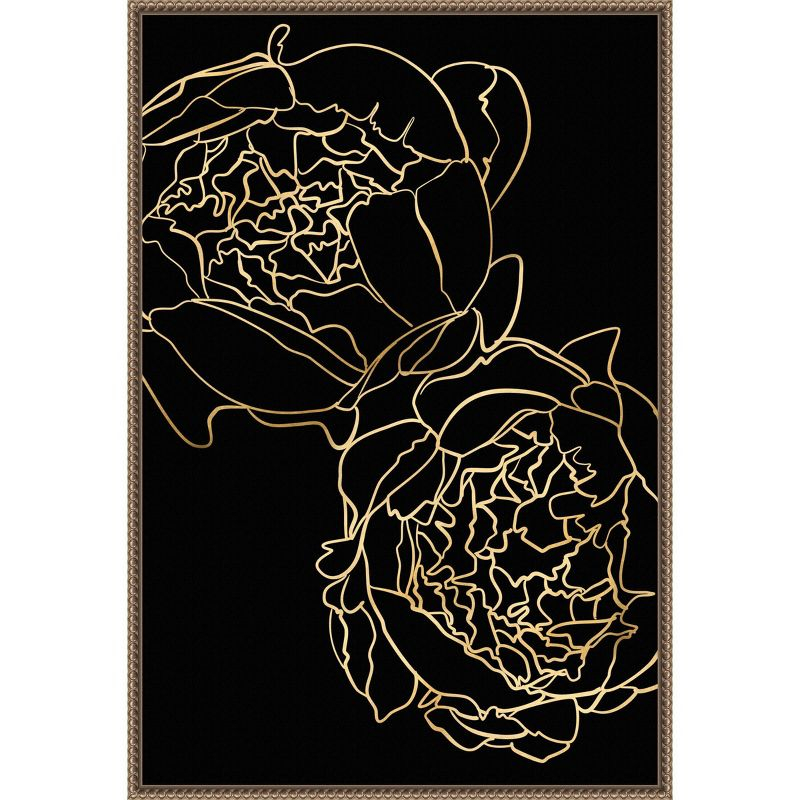 23"x33" Peonies in gold and black by Rosana Laiz Blursbyai Framed Canvas Wall Art Print Bronze - Amanti Art: Vertical Lithograph, Modern Decor