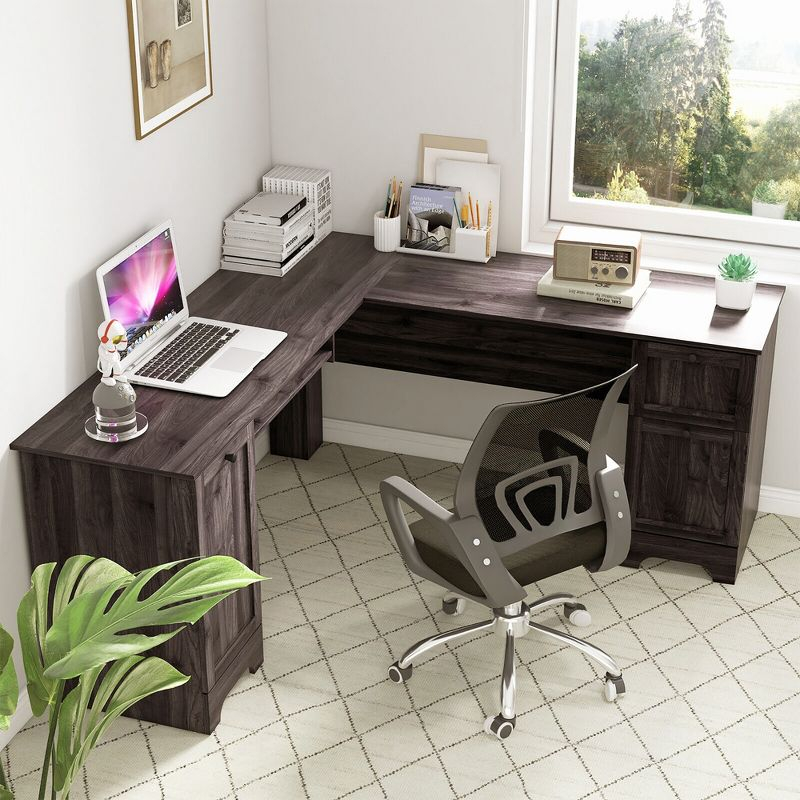 Costway 66.5'' L Shaped Home Office Desk Corner Computer Desk Keyboard Tray Dark Brown