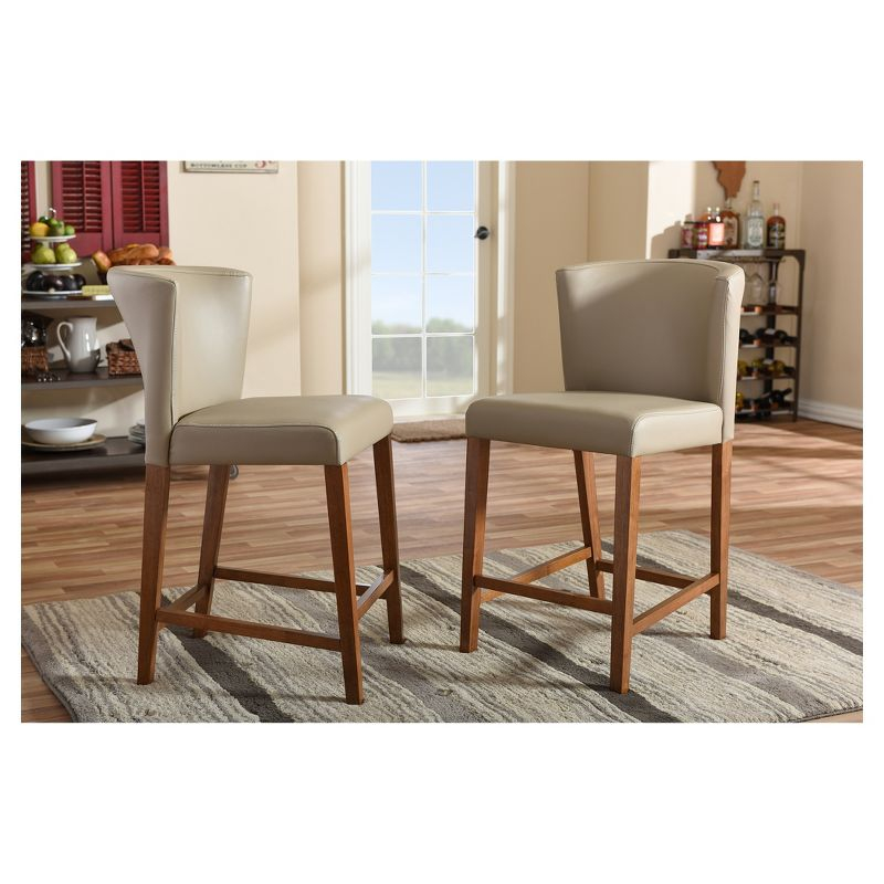 Set of 2 Olivia Wood Faux Leather Pub Counter Height Barstools: Mid-Century Scandinavian Style - Baxton Studio