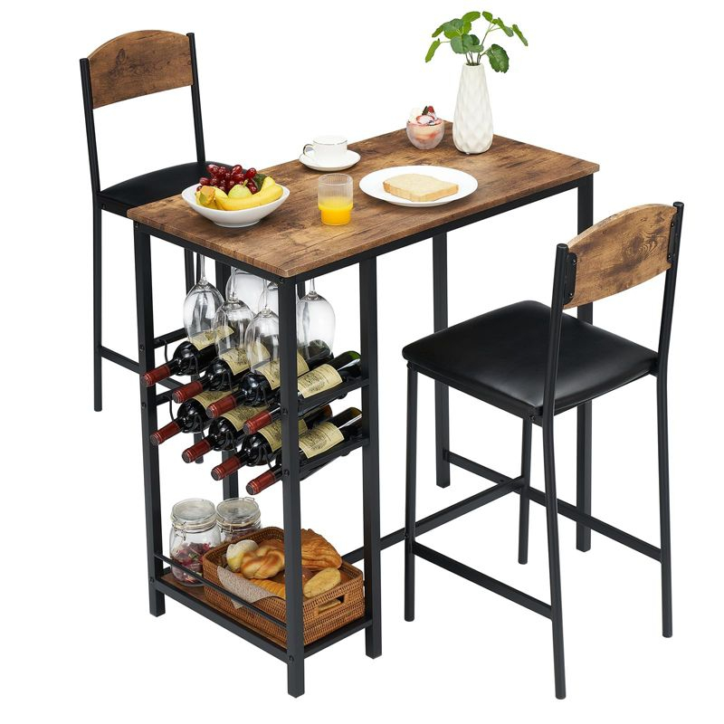 Whizmax Bar Table Set for 2 with Footrest, Kitchen Dining Table with 2 Upholstered Chairs, Small Space Counter Height Barstools for Counter Bar, Brown