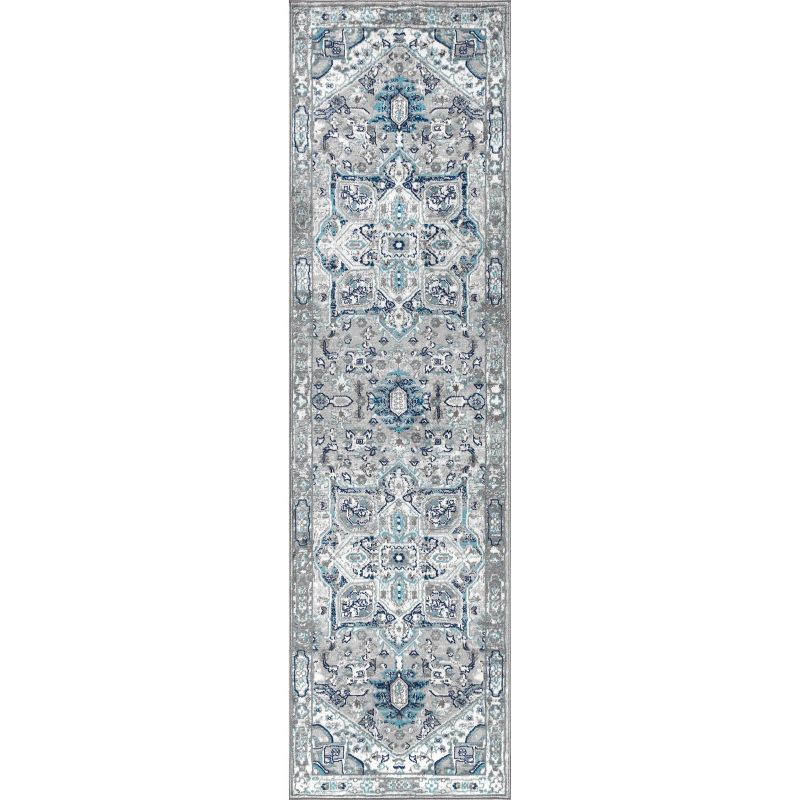 2'x8' Modern Persian Vintage Medallion Runner Rug, Light Grey/Blue - JONATHAN Y