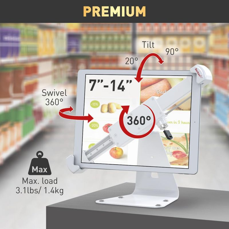 Barkan 7" - 14" Anti-Theft Tablet Desk Stand, 360° Rotation, Swivel & Tilt