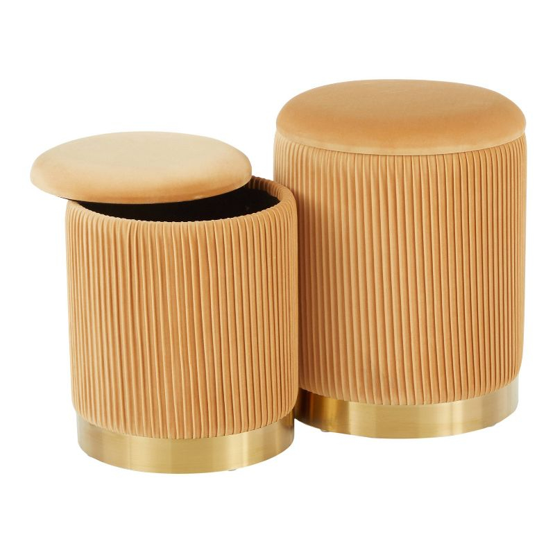 Marla Contemporary Nesting Pleated Ottoman Set Gold/Orange Velvet - LumiSource: Chic Design, Space-Saving, Metal Base