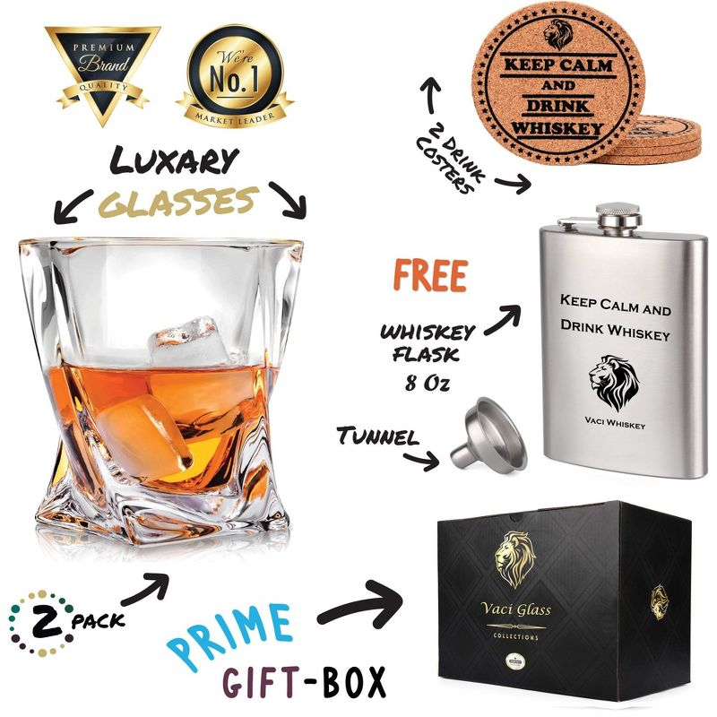 Sparkle and Bash Crystal Whiskey Glasses - Set of 2 Bourbon Glasses, Tumblers for Drinking Scotch, Cognac, Irish Whisky, Large 10oz