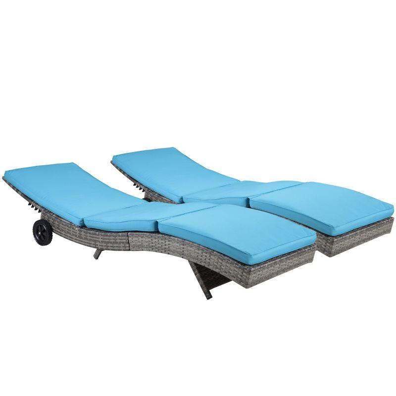 Outsunny 2 Piece Chaise Lounge Pool Chair Set, Outdoor PE Rattan Cushioned Patio Sun Lounger w/ 5-Level Adjustable Backrest & Wheels, Wicker, Sky Blue