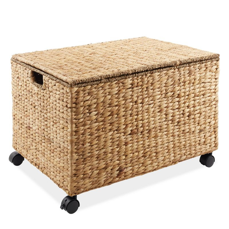 Casafield Rolling Storage Basket Cart with Lid and Wheels, Natural - Woven Water Hyacinth Divided Sorting Bin for Kitchen, Laundry, Pantry, Garage