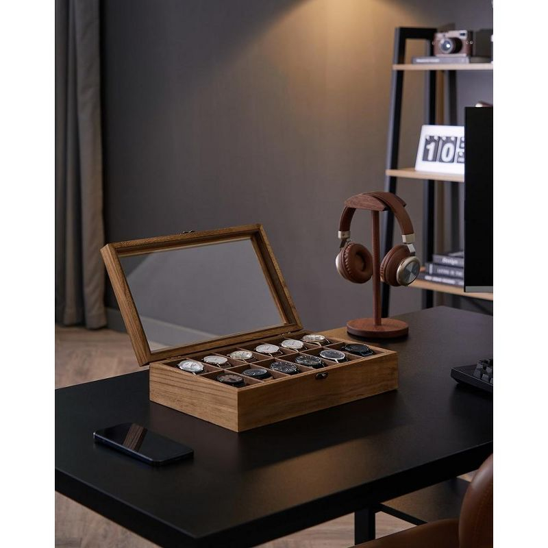 SONGMICS Watch Box 12-Slot Watch Case Organizer Solid Wood Watch Display Case with Removable Pillows Rustic Walnut