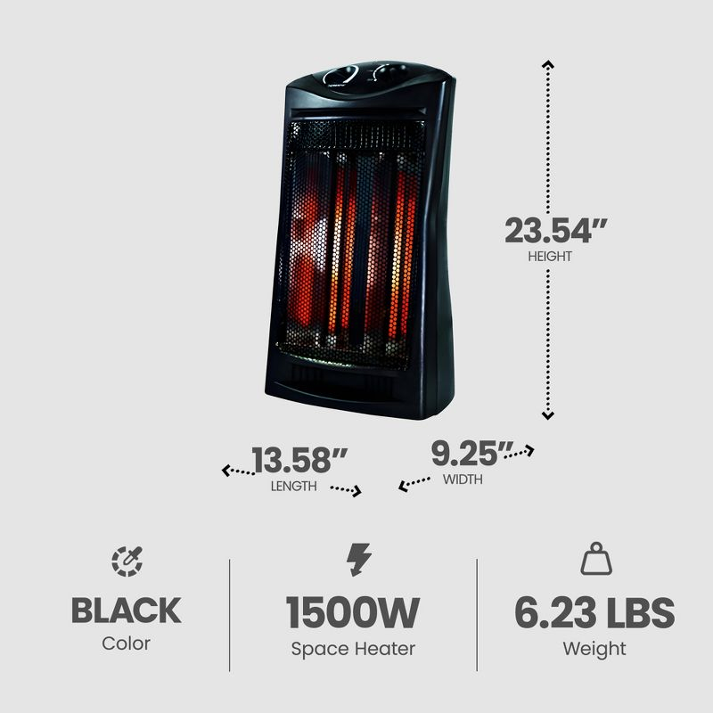 Geneva Industrial 1500W Quartz Infrared Electric Tower Heater with Adjustable Thermostat, Dual Quartz Tubes, Tip-Over Switch for Indoor Use, Black