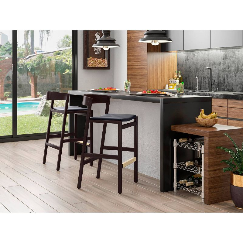 Manhattan Comfort Set of 2 Klismos Upholstered Beech Wood Counter Height Barstools Black: Faux Leather, Semi-Gloss Finish, Footrest