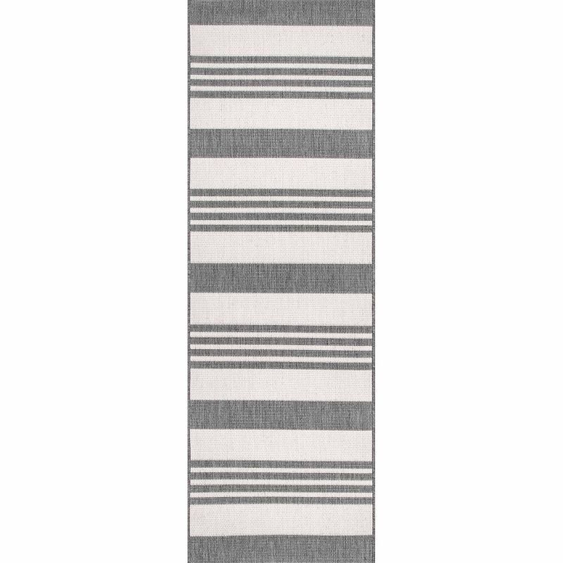 Nuloom Robin Striped 2x8 Indoor/Outdoor Runner Rug for Living Room Patio Deck Front Porch Entryway Hallway Kitchen, Light Grey/Ivory