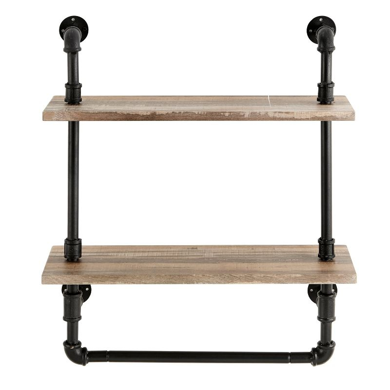 Danya B. 2-Tier Olivia Pipe Wall Shelf Unit with Hanging Rod Black/Rustic: Laminated Iron Storage, Includes Mounting Hardware