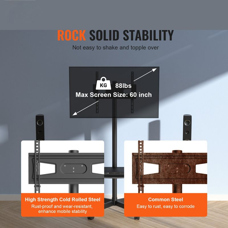 VEVOR Mobile TV Stand, Mobile TV Cart for 23 to 60 inch TVs, Height Adjustable Portable TV Stand with Wheels, with A Tray for Audio-Visual Devices