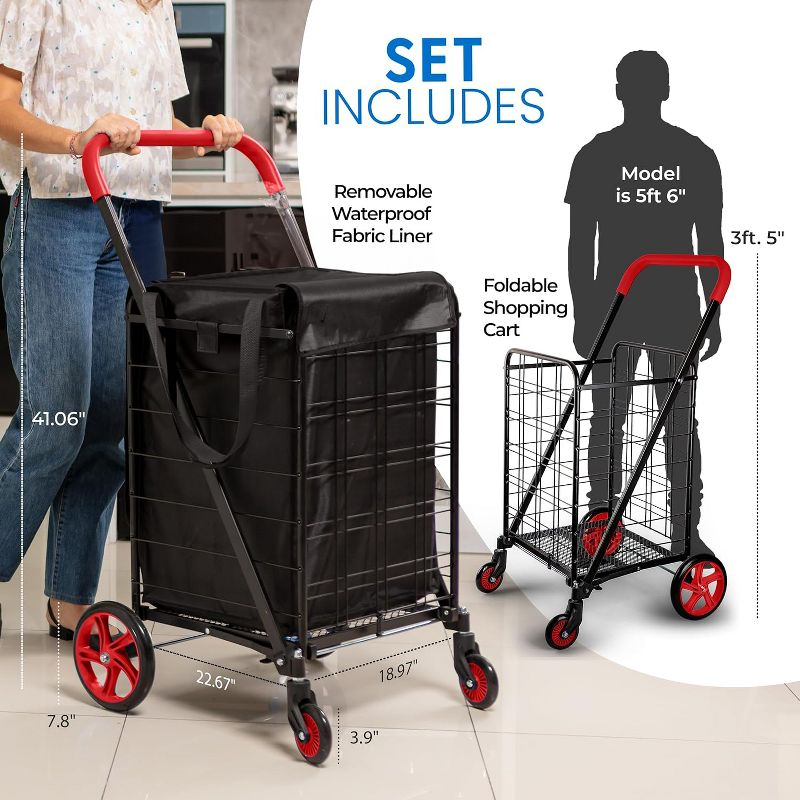 SereneLife Heavy Duty Foldable Shopping Cart with Removable Cart Liner - Red