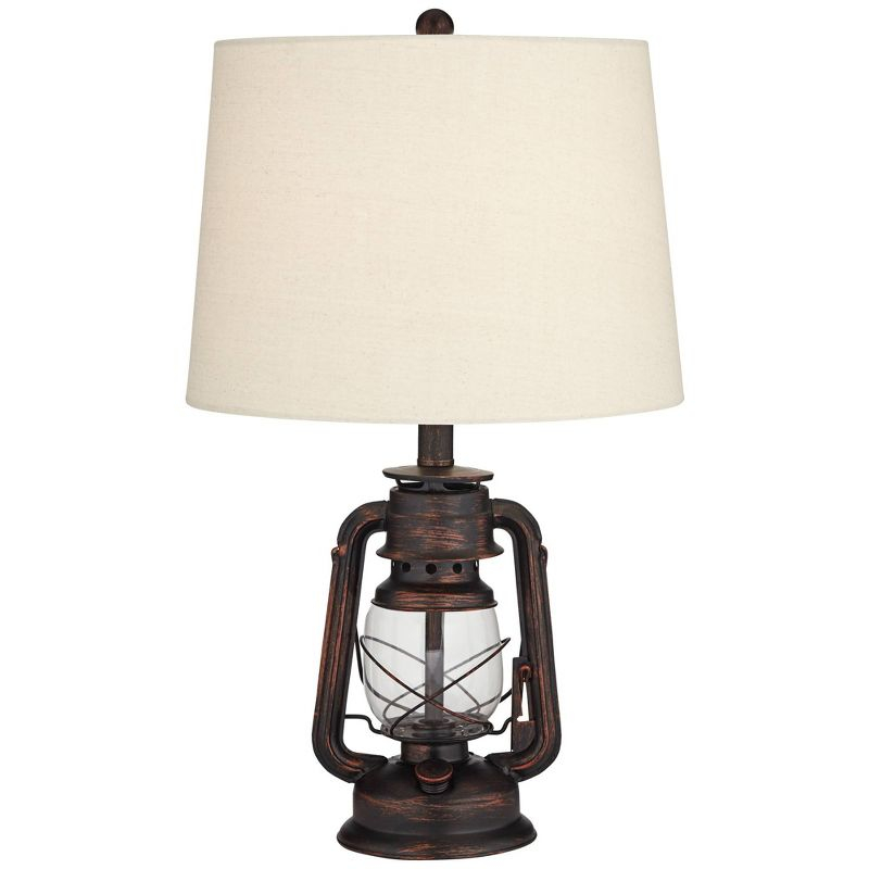 Franklin Iron Works Murphy Rustic Industrial Accent Table Lamp Miner Lantern 23" High Red Bronze Oatmeal Fabric Shade for Bedroom Living Room Office