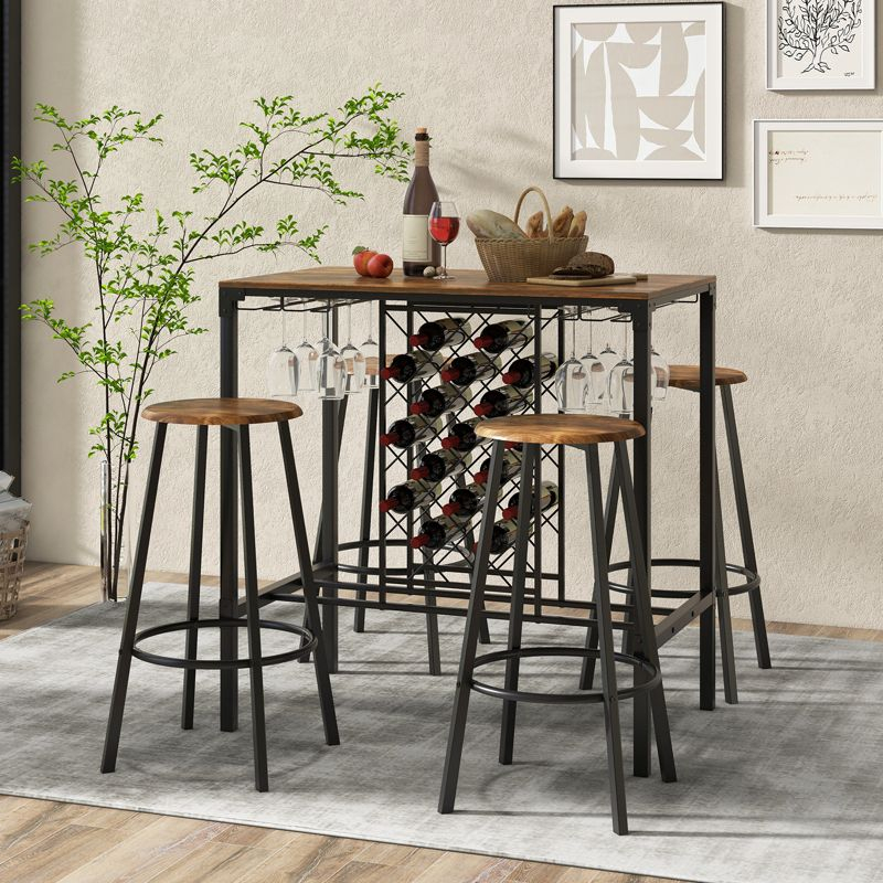 Costway 5PCS Bar Table & Stools Set Industrial Bistro Set with Wine Rack & Glass Holder