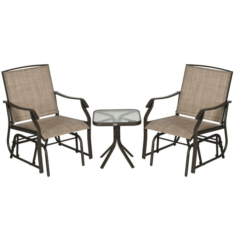 Outsunny 3 Piece Outdoor Glider Chair with Coffee Table Bistro Set, 2 Patio Rocking Chairs with Breathable Sling Fabric, Glass Tabletop, Mixed Brown