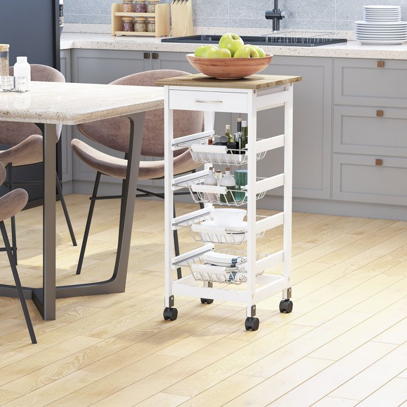 HOMCOM 32.25" Wooden Rolling Kitchen Storage Cart on 360° Swivel Wheels with Ample Storage Space & Solid Structure White