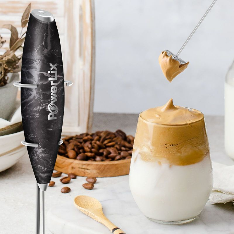 PowerLix Milk Frother Handheld Battery Operated Electric Whisk Foam Maker For Coffee With Stainless Steel Stand Included  - Black Marble
