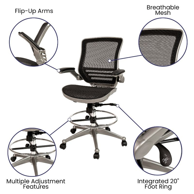 Flash Furniture Mid-Back Transparent Black Mesh Drafting Chair with Graphite Silver Frame and Flip-Up Arms