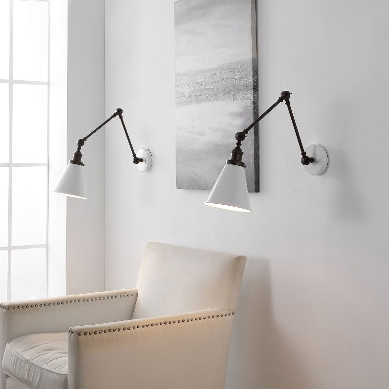 JONATHAN Y Rover 7" Classic Industrial Metal Adjustable Arm LED Wall Sconce, White/Oil Rubbed Bronze (Set of 2)