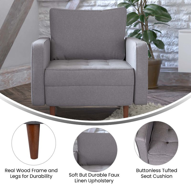 Merrick Lane Mid-Century Modern Armchair with Tufted Faux Linen Upholstery & Solid Wood Legs in Slate Gray